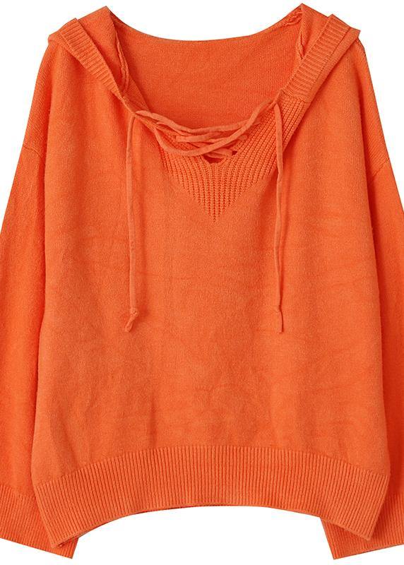 Fashion  orange knitted blouse oversized hooded drawstring knitted tops - SooLinen