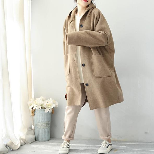 Mode 2018 Khaki Einfacher Hoodie Mittellanger Wollmantel für Frauen