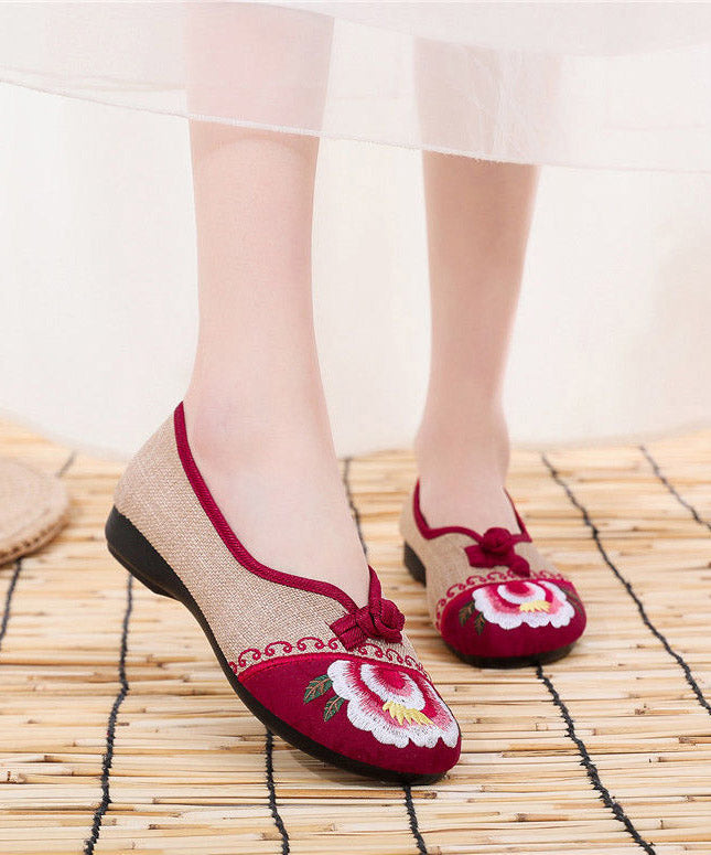 Fashion Apricot Genuine Leather Embroider Flower Splicing Flat Feet Shoes