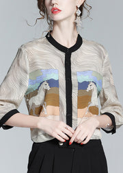 Fashion Apricot O-Neck Print Button Silk Shirt Long Sleeve