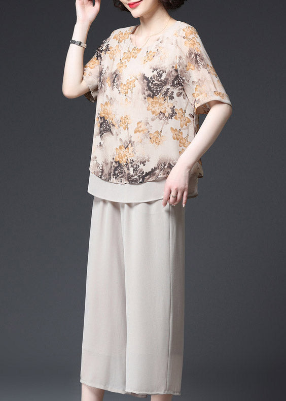 Fashion Apricot O-Neck Print Layered Design Chiffon Tanks und Hose mit weitem Bein Zweiteiliges Set Sommer