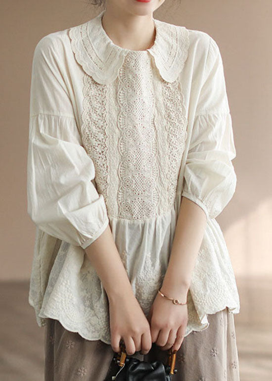 Fashion Apricot Peter Pan Collar Embroidered Cotton Shirt Tops Spring