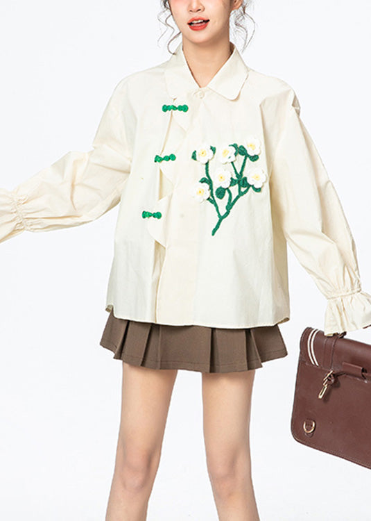 Fashion Apricot Peter Pan Collar Floral Cotton Shirt Long Sleeve