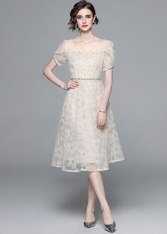 Fashion Apricot Square Collar Zircon Embroidered Tulle Dresses Summer