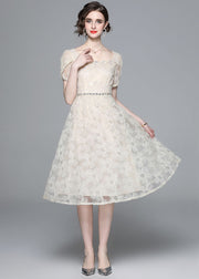 Fashion Apricot Square Collar Zircon Embroidered Tulle Dresses Summer