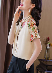 Fashion Apricot Stand Collar Print Patchwork Silk Top Summer