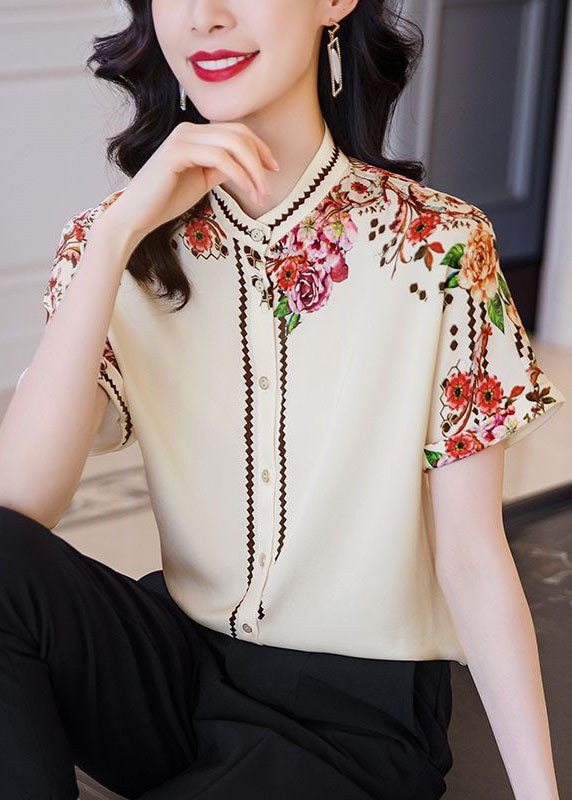 Fashion Apricot Stand Collar Print Patchwork Silk Top Summer