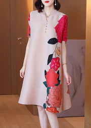 Fashion Apricot Stand Collar Wrinkled Print Silk A Line Dress Short Sleeve