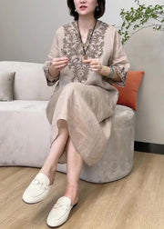 Fashion Apricot V Neck Embroidered Linen Long Dress Long Sleeve