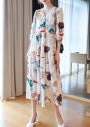 Fashion Apricot V Neck Print Cotton Long Dress Half Sleeve