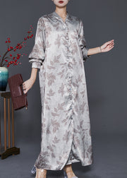 Fashion Apricot V Neck Print Silk Maxi Dresses Spring