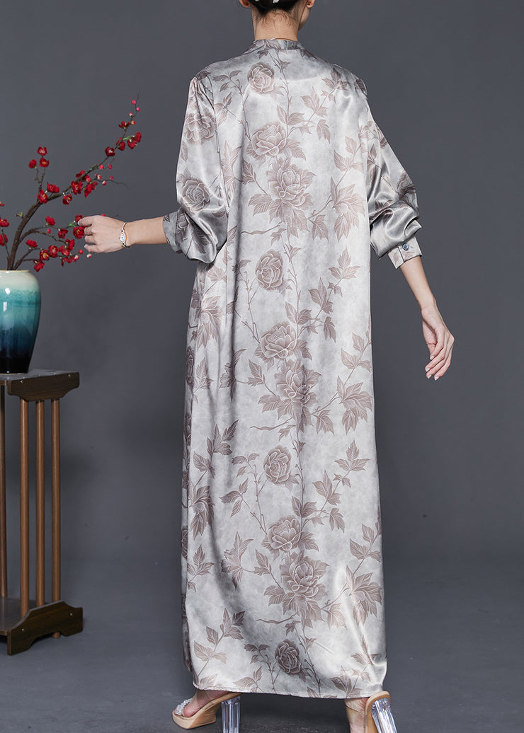 Fashion Apricot V Neck Print Silk Maxi Dresses Spring