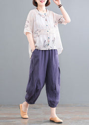 Fashion Apricot Wrinkled Print Linen Two Piece Set Outfits Short Sleeve