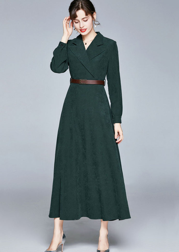 Fashion Army Green Notched Sashes Patchwork Corduroy Long Dresses Fall