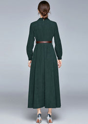 Fashion Army Green Notched Sashes Patchwork Corduroy Long Dresses Fall