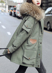 Fashion Army Green Zip Up Fur Collar Duck Down Puffer Parka Jacket Winter