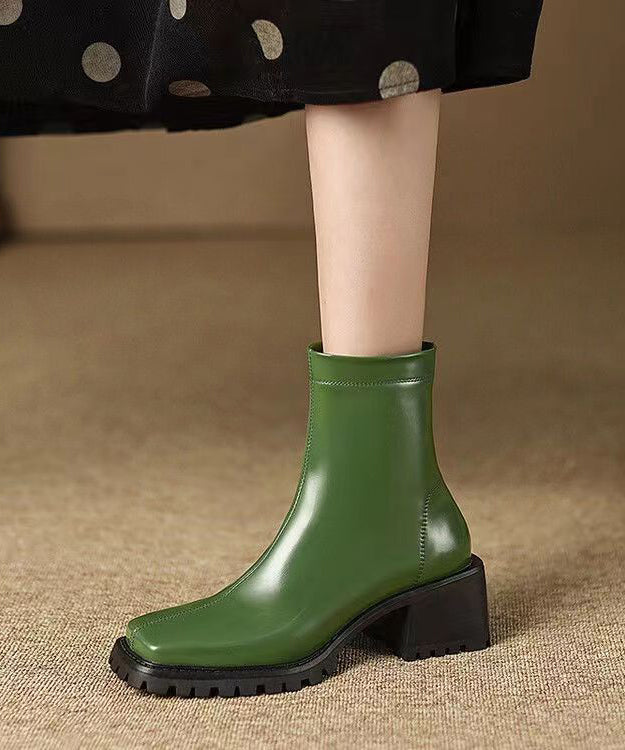 Fashion Army Green Zippered Chunky Heel Boots Sheepskin
