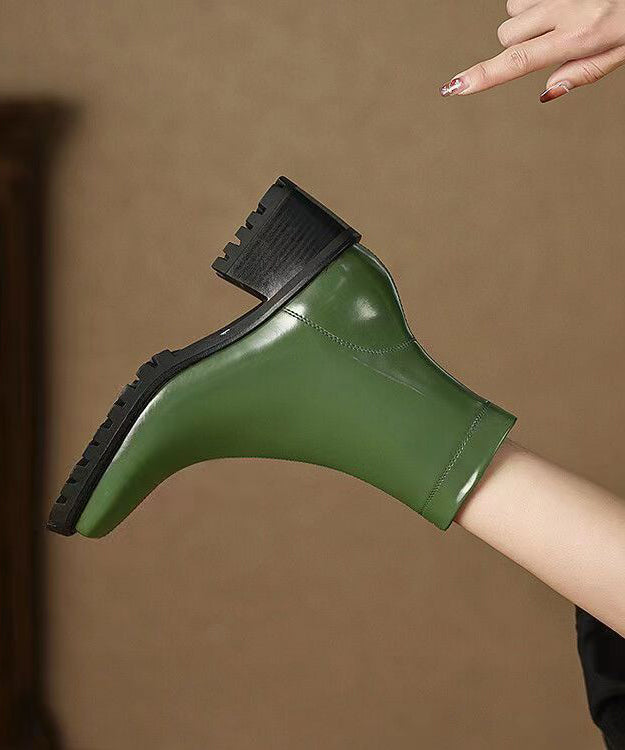 Fashion Army Green Zippered Chunky Heel Boots Sheepskin