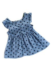 Fashion Baby Blue O-Neck Dot Print Patchwork Girls Vacation Long Dress Sleeveless