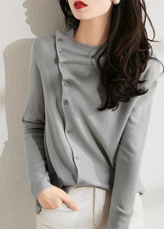 Fashion Beige Asymmetrical Wrinkled Button Wool Knit Pullover Spring