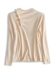 Fashion Beige Asymmetrical Wrinkled Button Wool Knit Pullover Spring