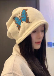 Fashion Beige Butterfly Embroidery Knit Bonnie Hat