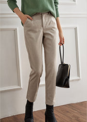 Fashion Beige Button Pockets Zippered Woolen Straight Pants Fall