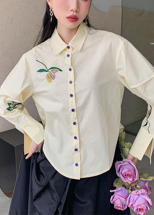 Fashion Beige Embroidered Patchwork Cotton Shirt Top Spring
