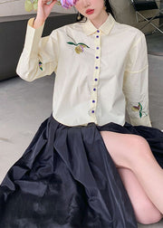 Fashion Beige Embroidered Patchwork Cotton Shirt Top Spring