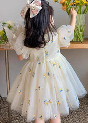 Fashion Beige Embroidered Wrinkled Patchwork Tulle Kids Girls Dress Summer