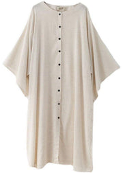 Fashion Beige O-Neck Button Maxi Dresses Fall Cotton Dress - SooLinen