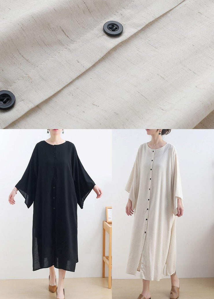 Fashion Beige O-Neck Button Maxi Dresses Fall Cotton Dress - SooLinen