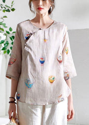 Fashion Beige Patchwork Print Button Summer Ramie Top - SooLinen