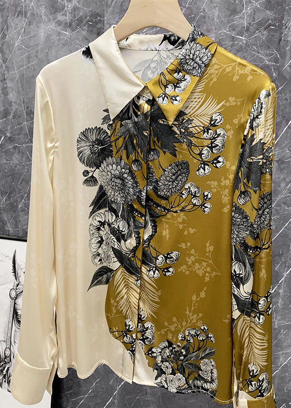 Fashion Beige Peter Pan Collar Asymmetrical Print Silk Blouse Tops Spring