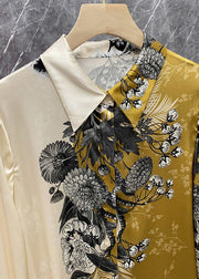 Fashion Beige Peter Pan Collar Asymmetrical Print Silk Blouse Tops Spring