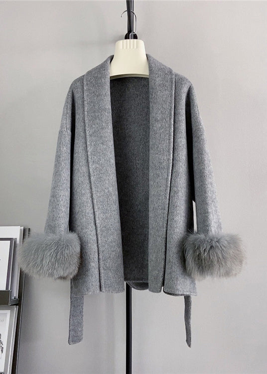 Fashion Beige Tie Waist Fox Patchwork Woolen Coats Winter
