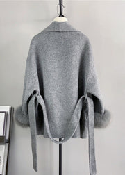 Fashion Beige Tie Waist Fox Patchwork Woolen Coats Winter