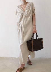Fashion Beige V-Ausschnitt Baumwolle Kurzarm lange Kleider