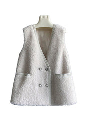 Fashion Beige V Neck Pockets Button Wool Vest Sleeveless