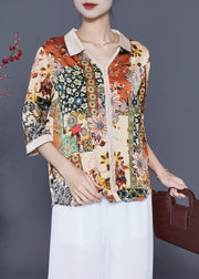 Fashion Beige V Neck Print Silk Shirt Top Half Sleeve