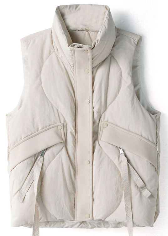 Fashion Beige Zip Up Patchwork Warm Duck Down Puffers Vest Winter