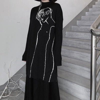 Fashion Black Abstract Portrait Knit Blouse High Neck Plus Size Clothing Knitwear - SooLinen