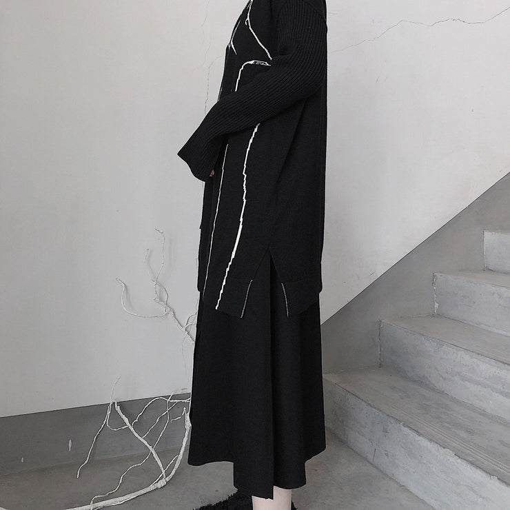 Fashion Black Abstract Portrait Knit Blouse High Neck Plus Size Clothing Knitwear - SooLinen