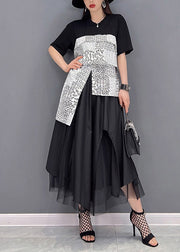 Fashion Black Asymmetrical Design Patchwork Tulle vacation Dress Short Sleeve