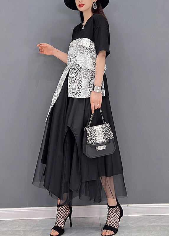 Fashion Black Asymmetrical Design Patchwork Tulle vacation Dress Short Sleeve