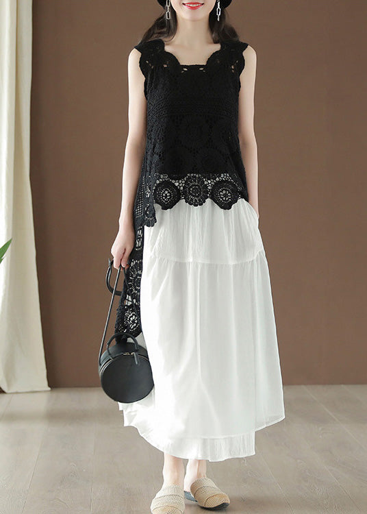 Fashion Black Asymmetrical Hollow Out Low High Design Cotton Top Summer