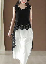 Fashion Black Asymmetrical Hollow Out Low High Design Cotton Top Summer