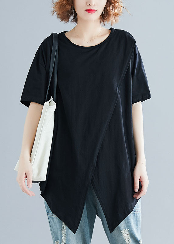 Fashion Black Asymmetrical Patchwork Cotton Top Short Sleeve