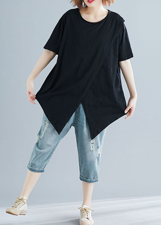 Fashion Black Asymmetrical Patchwork Cotton Top Short Sleeve