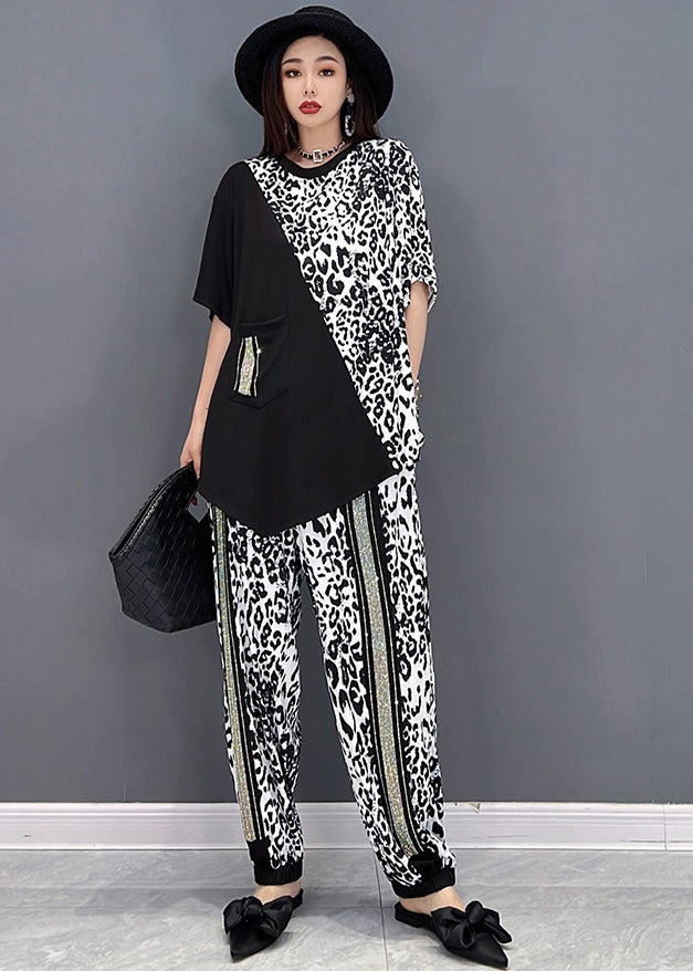 Fashion Black Asymmetrical Patchwork Leopard Print Cotton Two Pieces Set Summer